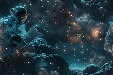 Craft a stunning digital illustration depicting Romantic Poetry in Space with a side view perspective Picture a dreamy astronaut reading love sonnets among twinkling stars
