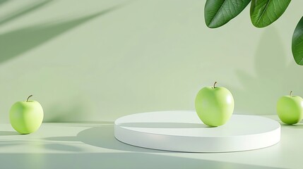 Roundshaped podium in white color is displayed on pastel background with green apple Blank space on the podium for product presentation of Green Apple Malus domestica extract : Generative AI