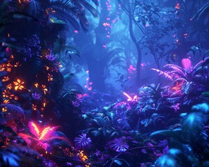 Cybernetic forest, neon vines, digital wildlife, twilight, glowing flora and fauna, medium shot, vibrant colors,