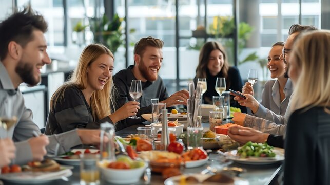 A group of people are sitting around a table with food and wine, enjoying each other's company