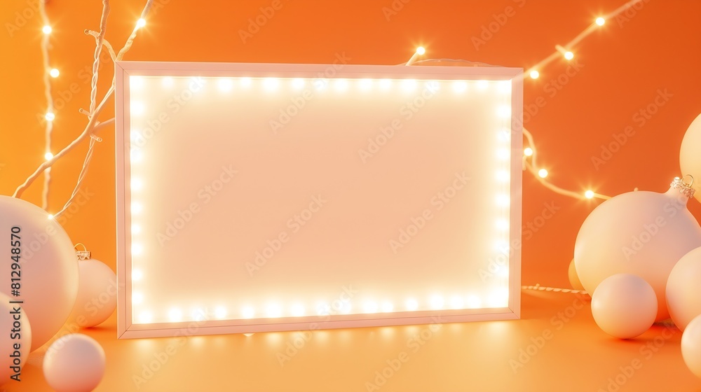 Poster White empty frame in orange solid color studio scene white lights Halloween background Product display mockup design : Generative AI