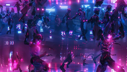 Design a futuristic street dance battle scene featuring cyborg performers