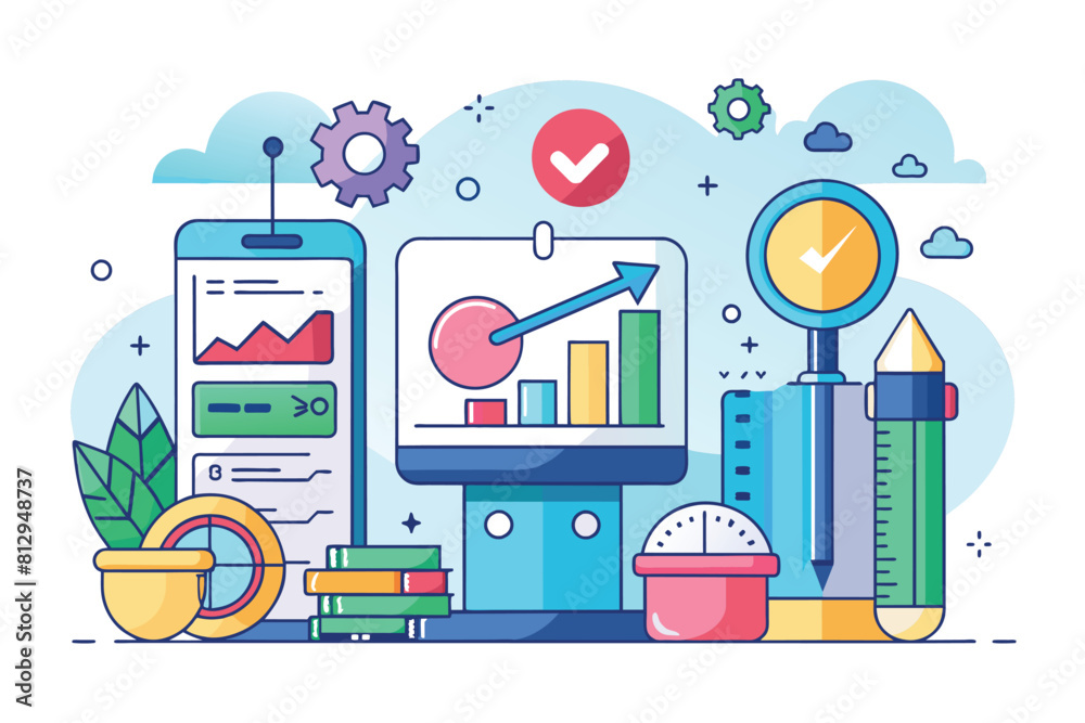 Poster flat design of a computer screen showing a graphical representation, metrics customizable semi flat 