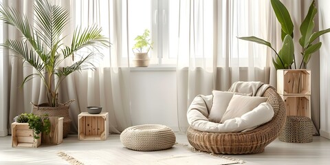 Modern living room with rattan armchair, beige pillows, wooden cubes, and plants. Concept Neutral Color Palette, Rattan Furniture, Cozy Decor, Indoor Plants, Minimalist Design