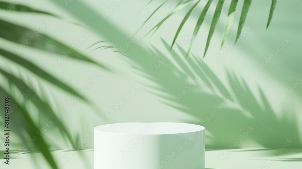 Aufkleber Minimal abstract background for the presentation of a cosmetic product Premium empty podium with a shadow of tropical palm leaves on a green background Showcase display case : Generative AI