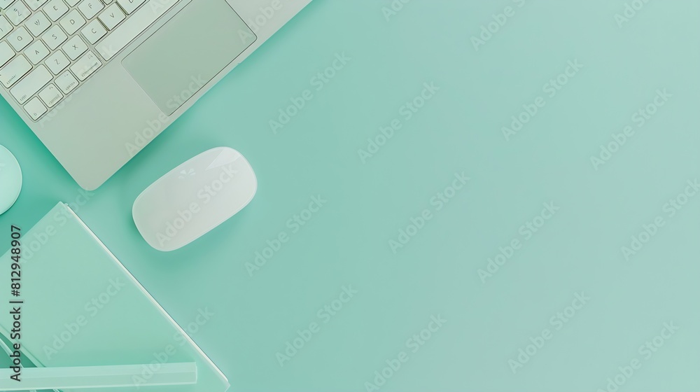 Aufkleber Minimal work space  Creative flat lay photo of workspace desk Top view office desk with keyboard mouse and book on pastel green color background Top view with copy space flat lay photo : Generative AI