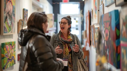 Obraz premium Two women are talking in a hallway with paintings on the wall. One of the women is wearing a scarf