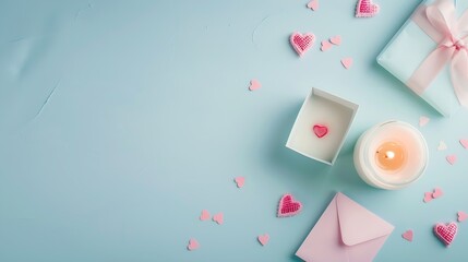 Valentines Day background Gifts candle confetti envelope on pastel blue background Valentines day concept Flat lay top view copy space : Generative AI