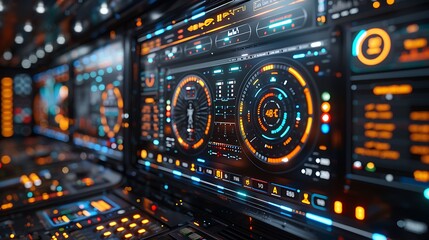 Fototapeta premium Hyperrealistic portrayal of a monitor with sports performance visualization, focusing on intricate details of athlete metrics and strategic analytics, vibrant digital color scheme.