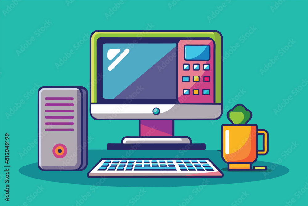 Poster a modern desktop computer sits on top of a desk in an office setting, modern desktop computer custom