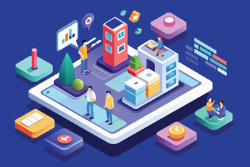 Group of individuals standing around a tablet displaying a building model on its screen, Mobile ux Customizable Isometric Illustration