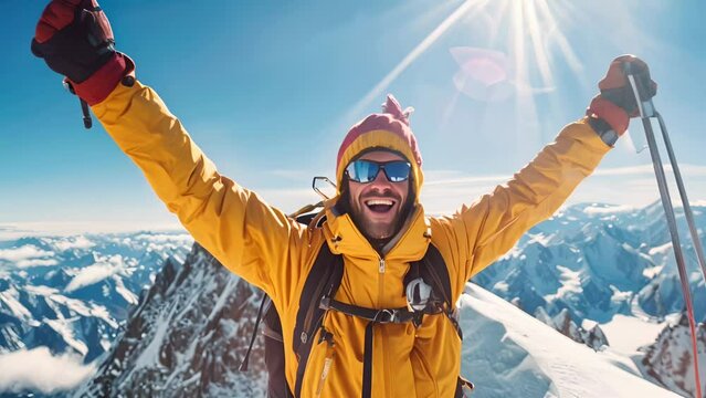 a male mountaineer on the summit of a high mountain