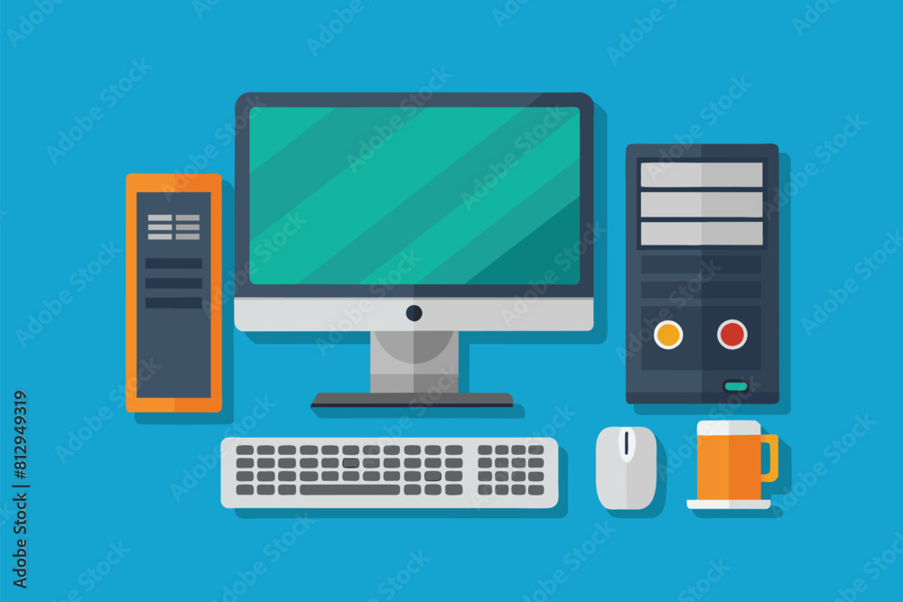 Poster a modern desktop computer is positioned on top of a desk, modern desktop computer customizable semi 