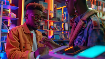 Two men are standing in a store, one of them wearing glasses. They are looking at a display of electronics