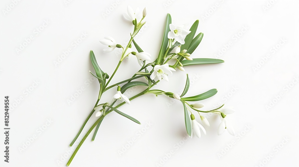 Poster Snowdrop spring first flowers bouquet isolated on white background Hello spring Creative layout Top view flat lay Design element Springtime greeting card Easter holiday concept : Generative AI