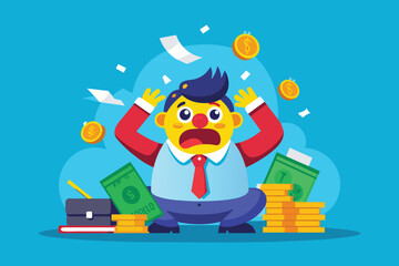 A man is sitting on large stacks of money, showing financial success and wealth, Money stress Customizable Cartoon Illustration