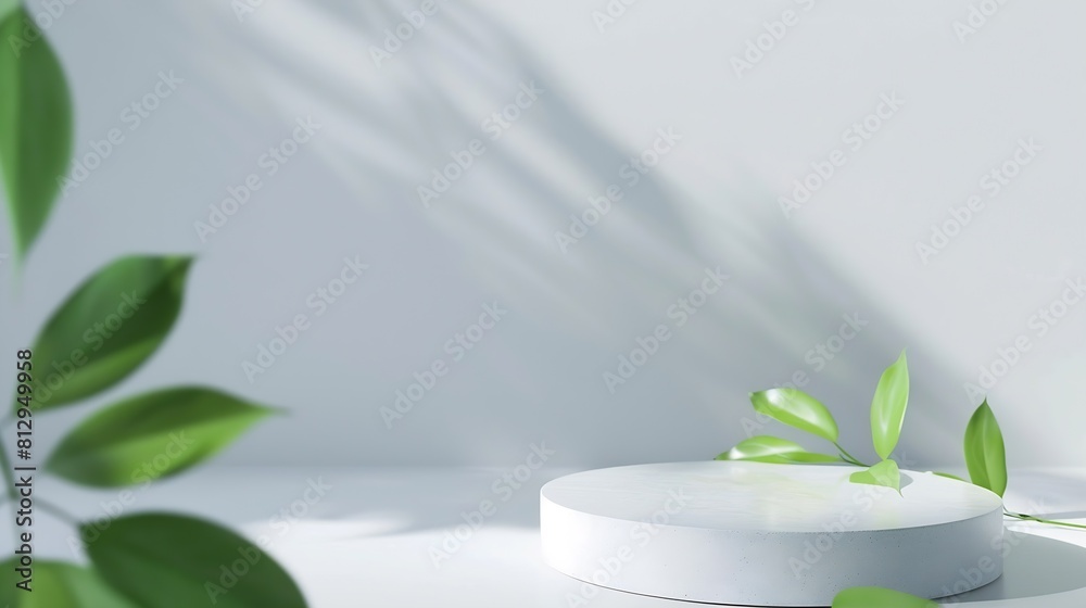 Poster Minimal modern product display on light gray background copy space Concrete empty podium and green leaves Concept scene stage showcase for cosmetic product skin care product presentati : Generative AI