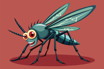 Close-up of a mosquito with disproportionately large eyes against a vibrant red backdrop, Mosquito bite Customizable Disproportionate Illustration