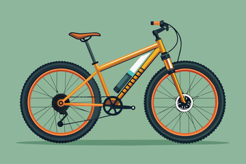 Fototapeta premium A mountain bike with vibrant orange rims and spokes standing against a green background, Mountain bike Customizable Disproportionate Illustration