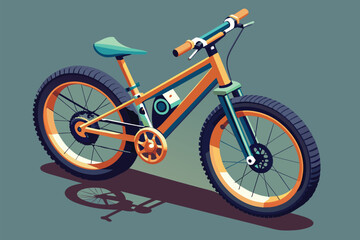 Isometric illustration of a customized orange and blue mountain bike displayed on a plain gray backdrop, Mountain bike Customizable Isometric Illustration