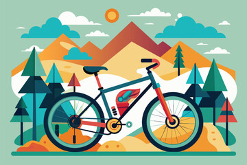 Fototapeta premium A bicycle is parked in front of a majestic mountain landscape, Mountain biking Customizable Disproportionate Illustration