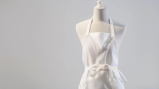 A white apron with a tied belt is isolated on a white background A blanka layout for a mannequin a model : Generative AI