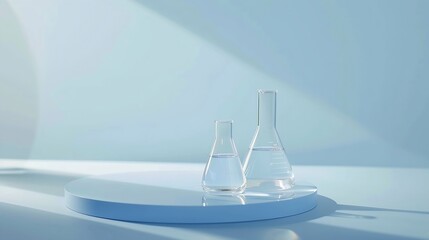 Minimal concept with lab equipment  erlenmeyer flasks boiling flasks and petri dish containing liquid Transparent podium and ribbed acrylic sheets on blue background Space for display  : Generative AI
