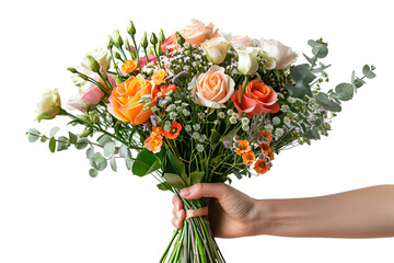 flower bouquet in hand on isolated transparent background