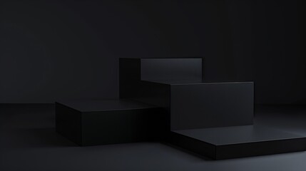 Three black square stands of different heights on black background Platforms for presentation of...