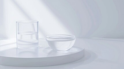 Science and medical background with transparent round podium lab glassware filled colorless liquid and ribbed acrylic sheets decorated on white background Space for products presentati : Generative AI