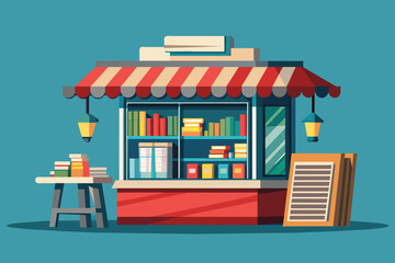 A food cart with a table and a stool on the street, Newsstand Customizable Disproportionate Illustration