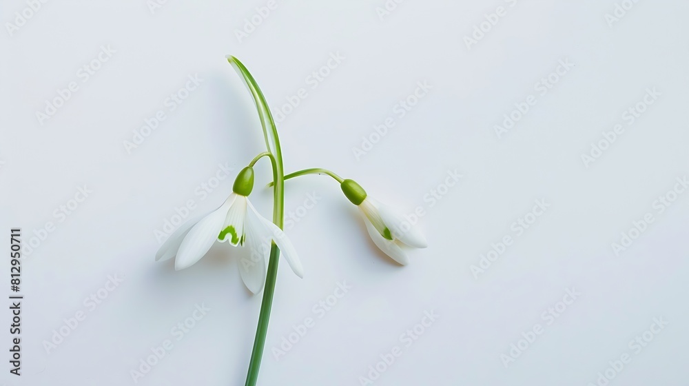 Poster Snowdrop spring first single flower isolated on white background Hello spring Creative layout Top view flat lay Design element Springtime greeting card Easter holiday concept : Generative AI