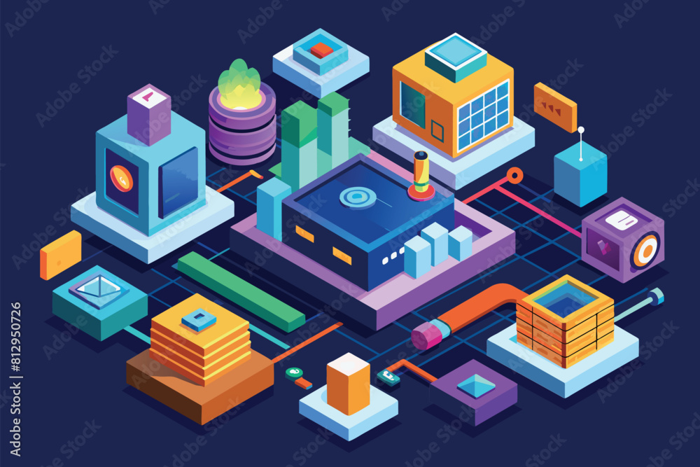 Poster a computer sitting amidst a variety of objects in a cluttered workspace, nft customizable isometric 