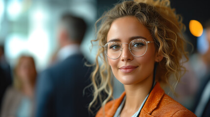 Obraz premium a confident business girl and diverse group of professionals interacting at a corporate event in the background