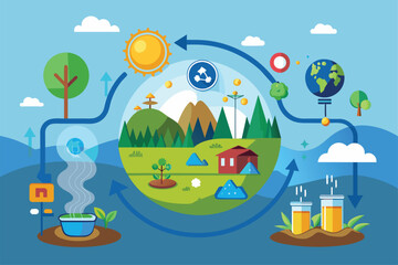 Fototapeta premium Water Cycle Diagram With House and Trees, Nitrogen cycle Customizable Disproportionate Illustration