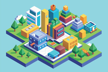 Illustration of a busy city scene with various tall buildings and cars driving on the roads, No data Customizable Isometric Illustration