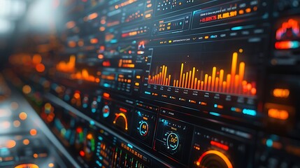 Hyperrealistic screen showing real-time educational statistics, including detailed graphs of academic performance and study trends, with clear visuals and deep color accuracy.