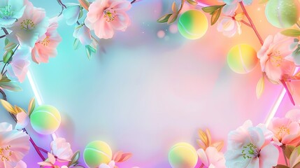Rainbow banner background with tennis balls and pretty flowers, copy space, framed background, copy space, space for text,テニスボールと可愛い花、コピー スペースのあるレインボーのバナーの背景,フレームのある背景、コピースペース,テキスト用スペース,Generative AI,