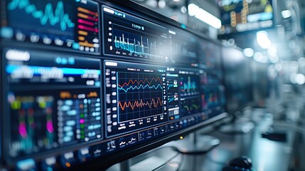 Obraz premium Hyperrealistic screen showing real-time healthcare statistics, including detailed graphs of respiratory rates and pulse readings, with clear visuals and deep color accuracy.