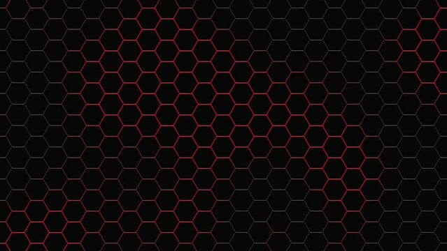 Abstract black honeycomb hexagon grid background with red glowing color animation, concept, ideas, 4k, loopable element