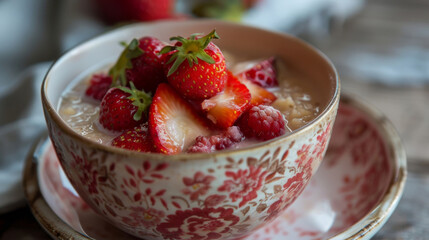 Healthy breakfast bowl with oats, strawberries, and raspberries served in a decorative floral bowl on a rustic wooden table