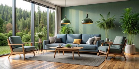 Fototapeta premium The interior design of a modern living room in Scandinavian style with light green wall and grey stylish furniture. A country house with high ceilings, natural parquet, well-groomed ornamental plants