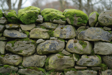 Antique mortared stone wall with moss growing, blending history and nature. AI generated.