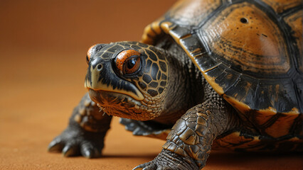 Obraz premium A turtle is looking at the camera with its eyes wide open
