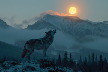 A lone wolf howling at the moon, its silhouette stark against a backdrop of snow-capped mountains. Evoke a sense of solitude and primal power.