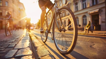Young man riding a bicycle in the city at sunset, toned, Copy space.