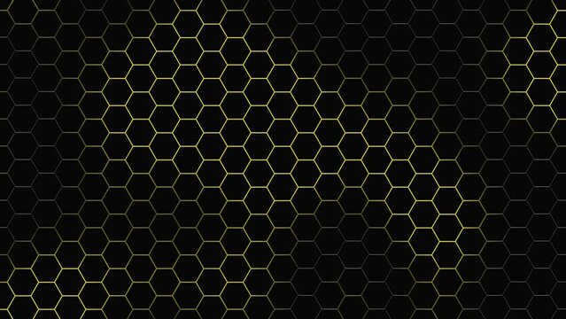 Abstract black honeycomb hexagon grid background with yellow glowing color animation, concept, ideas, 4k, loopable element