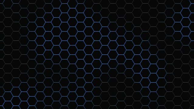 Abstract black honeycomb hexagon grid background with blue glowing color animation, concept, ideas, 4k, loopable element