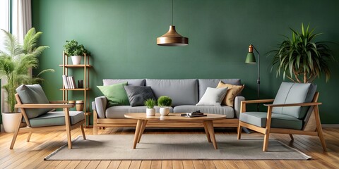 Obraz premium The interior design of a modern living room in Scandinavian style with light green wall and grey stylish furniture. A cosy house with high ceilings, natural parquet, well-groomed ornamental plants. 