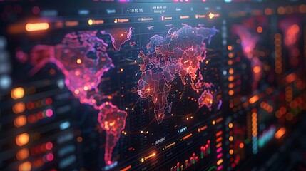 Hyperrealistic view of a logistics management monitor displaying detailed global shipping routes, with vibrant maps and live tracking of shipments.